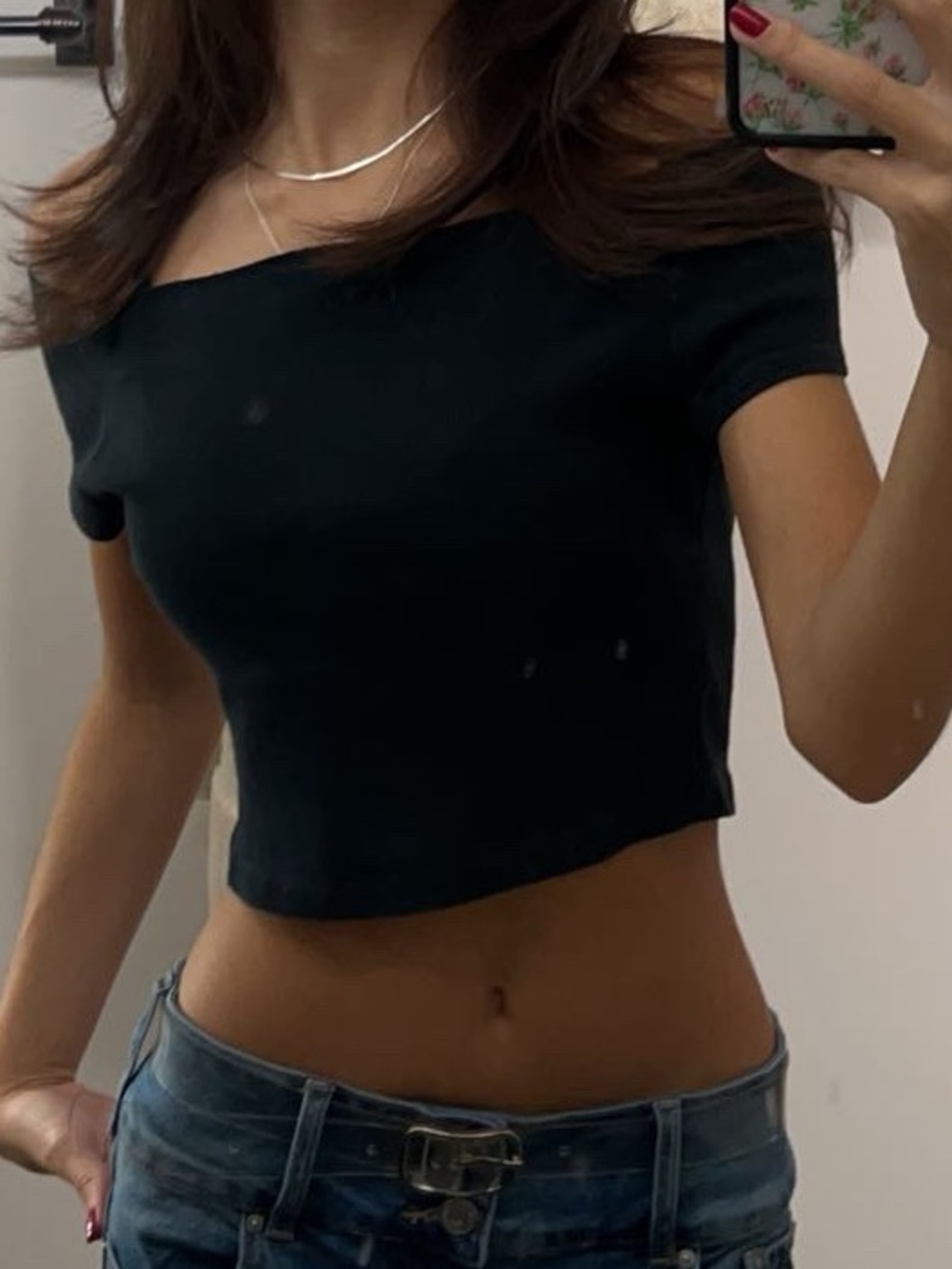 Brandy Melville Black Ribbed Off-Shoulder Crop Top